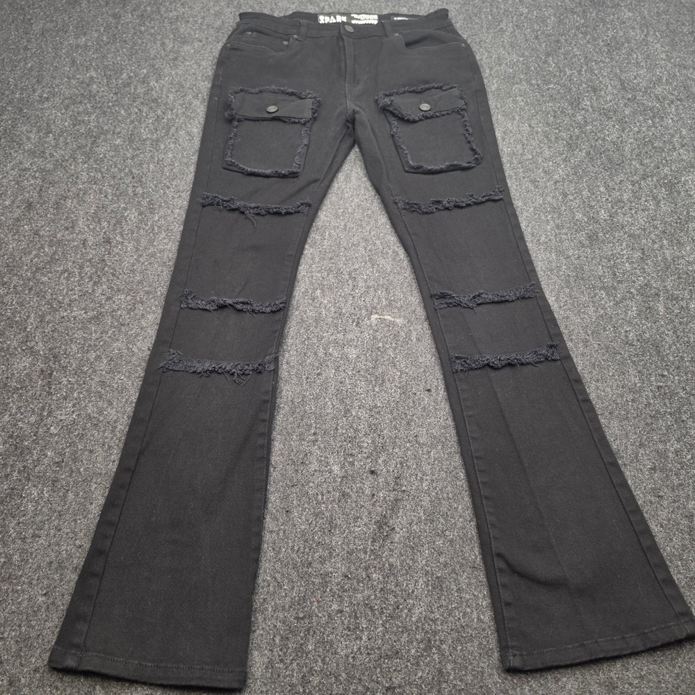 Spark Flare Cargo Jeans Mens 32x36 Black Distressed Frayed Studio Collection